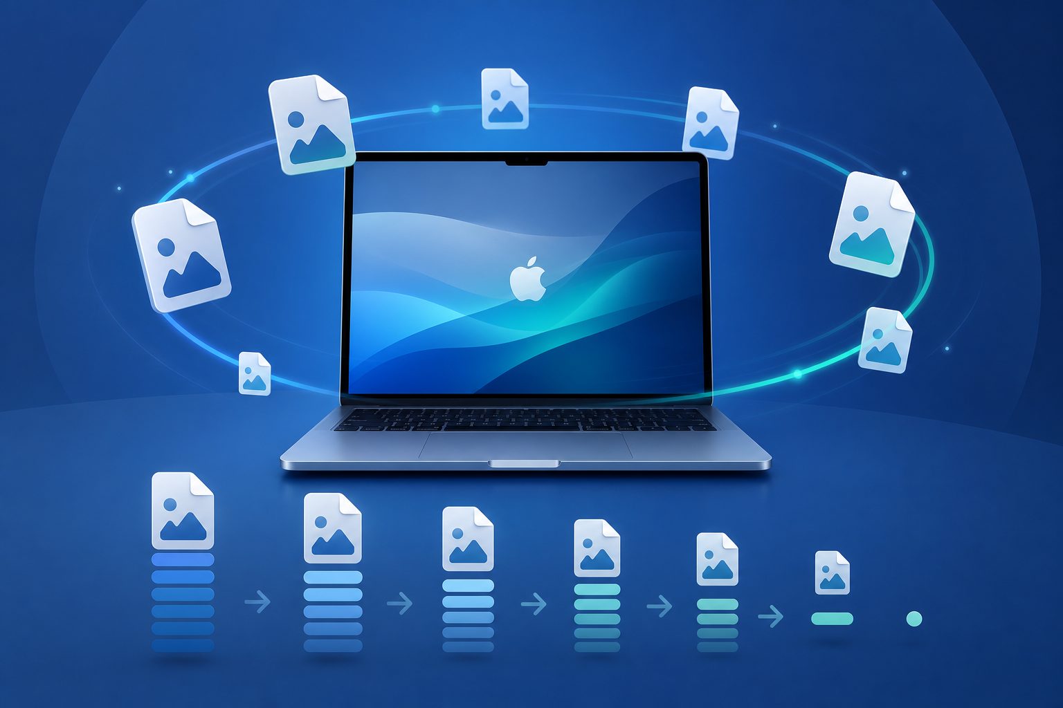 Abstract illustration of image files staying on a Mac while file size bars shrink locally