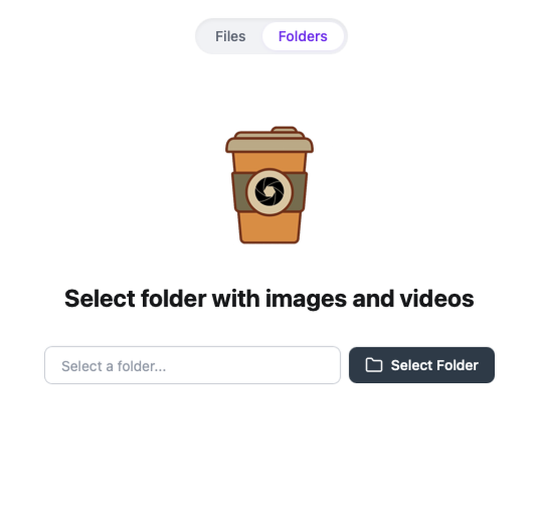 Compresso Folder mode with Select Folder ready for a project directory of images and videos