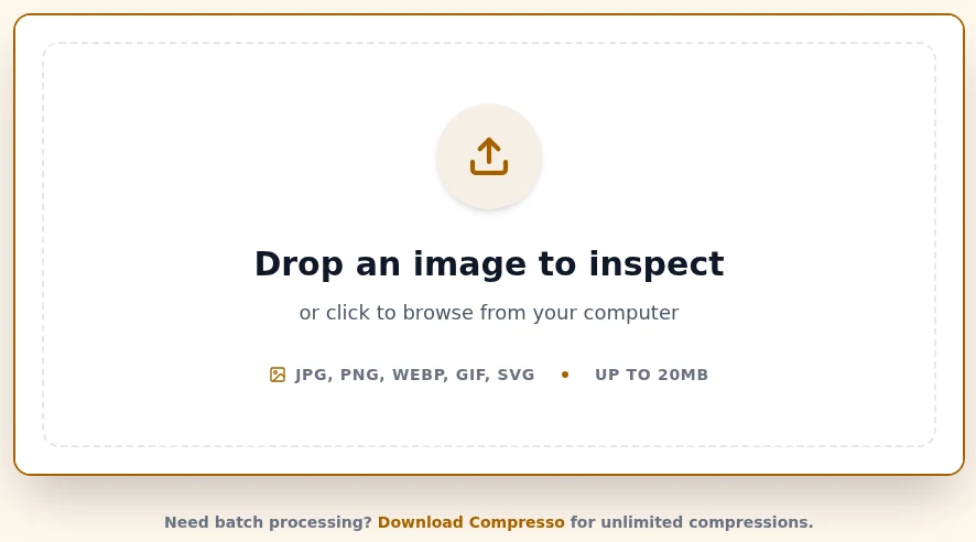 The Compresso Resolution Checker dropzone, which accepts JPG, PNG, WebP, GIF, and SVG files up to 20MB