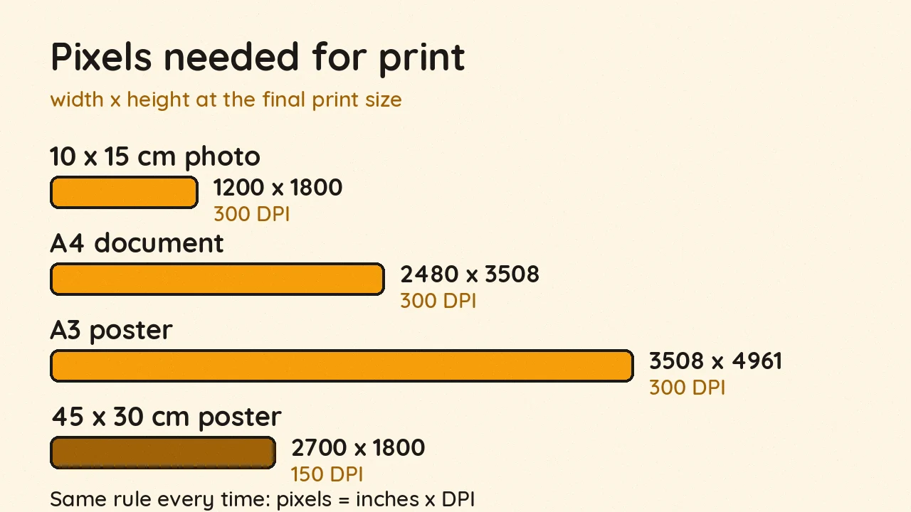 Pixel dimensions needed for common print sizes at 300 DPI and 150 DPI: 10x15 cm photo, A4, A3, and a 45x30 cm poster
